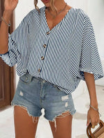 V-Neck Striped Batwing Sleeve Casual Blouse