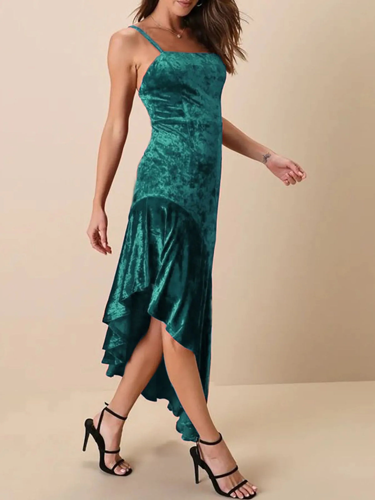 Asymmetrical Velvet Cami Dress with Ruffle Hem - Ladyez