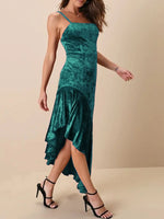 Asymmetrical Velvet Cami Dress with Ruffle Hem - Ladyez