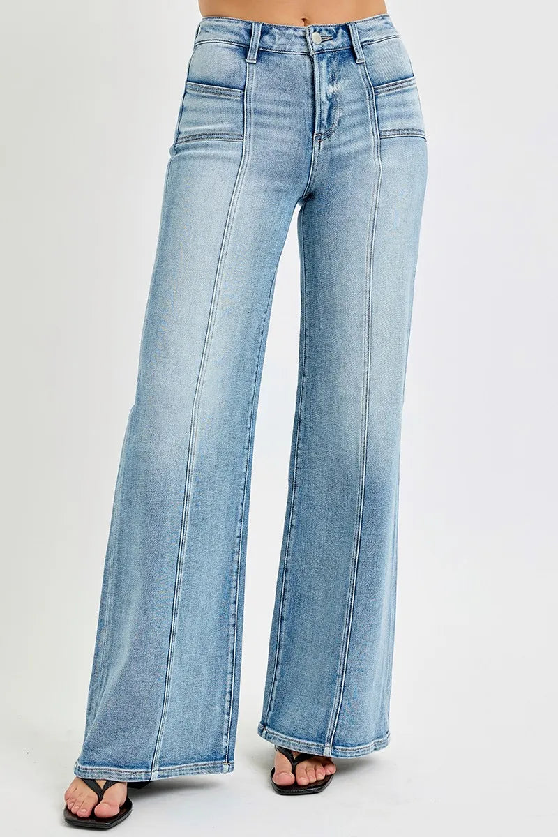 RISEN Full Size Mid Rise Wide Jeans with Front Patch Pocket Plus Size - Ladyez