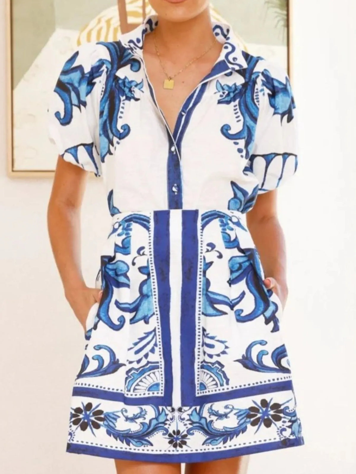 Puff Sleeve Printed Top and Zip Back Skirt Set - Ladyez