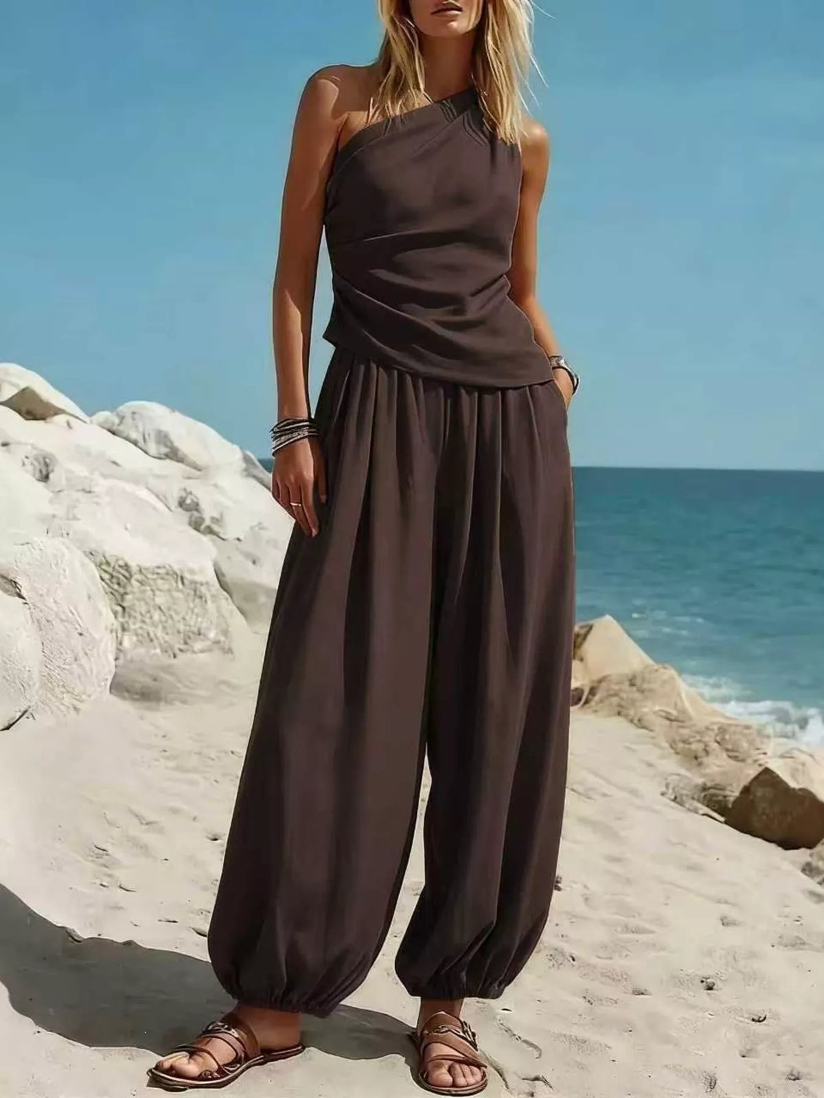 Full Size One-Shoulder Top and Wide-Leg Pants Set Plus Size