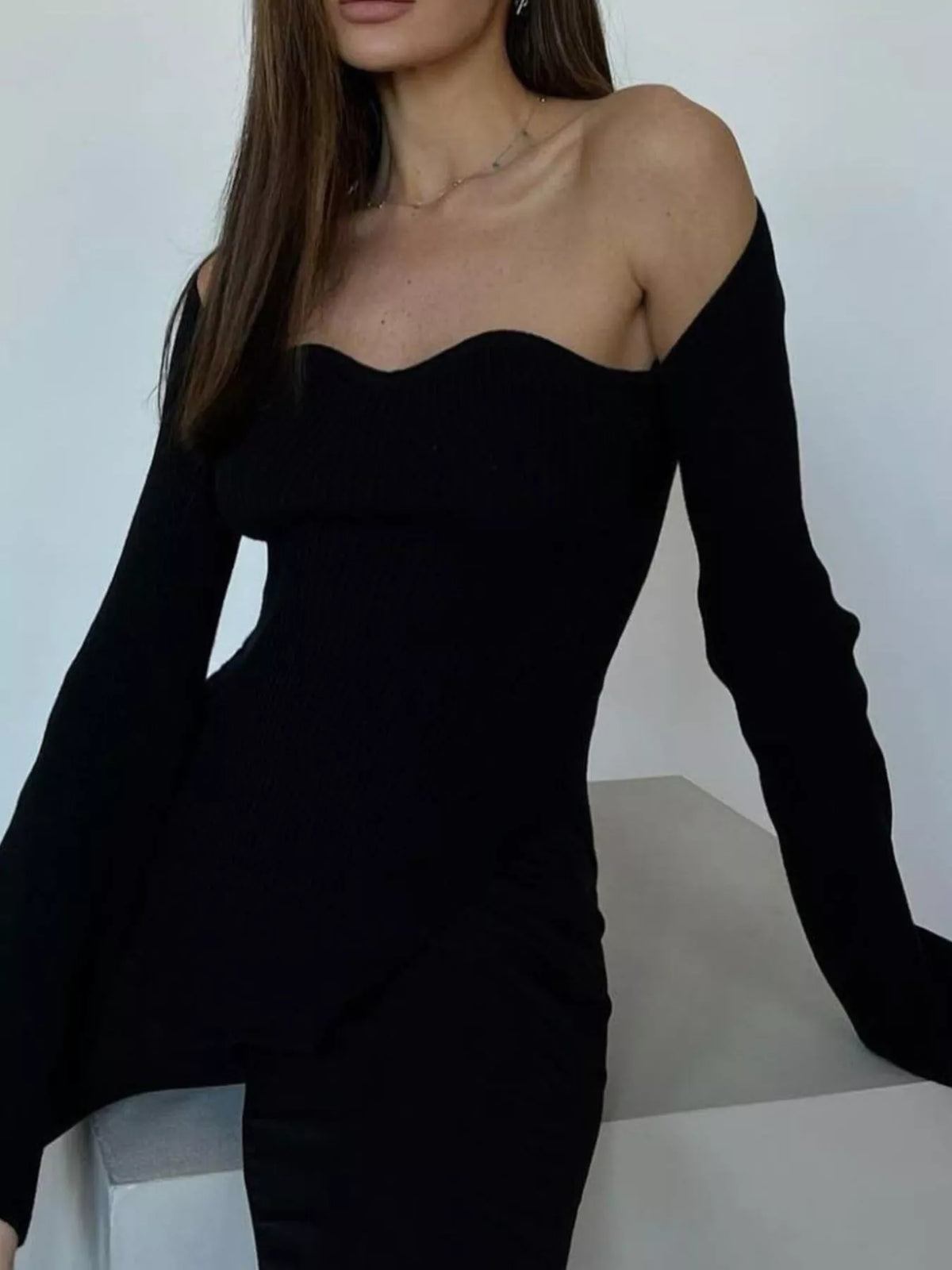 Ribbed Knit Sweetheart Neckline Sweater
