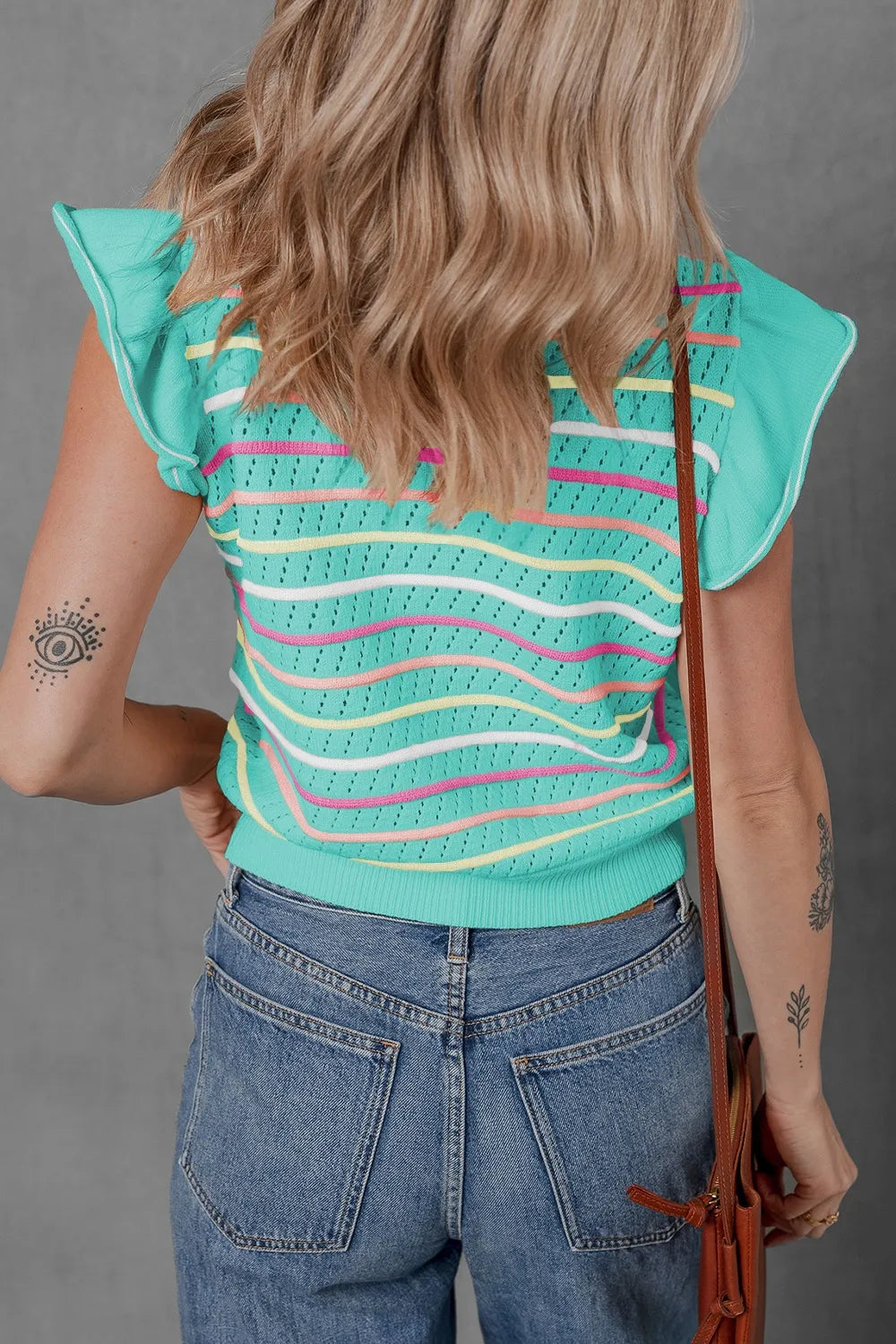 Ruffled Eyelet Striped Round Neck Cap Sleeve Knit Top