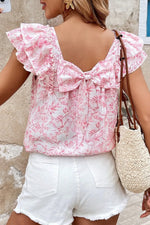 Bow Back Printed Ruffled Cap Sleeve Blouse