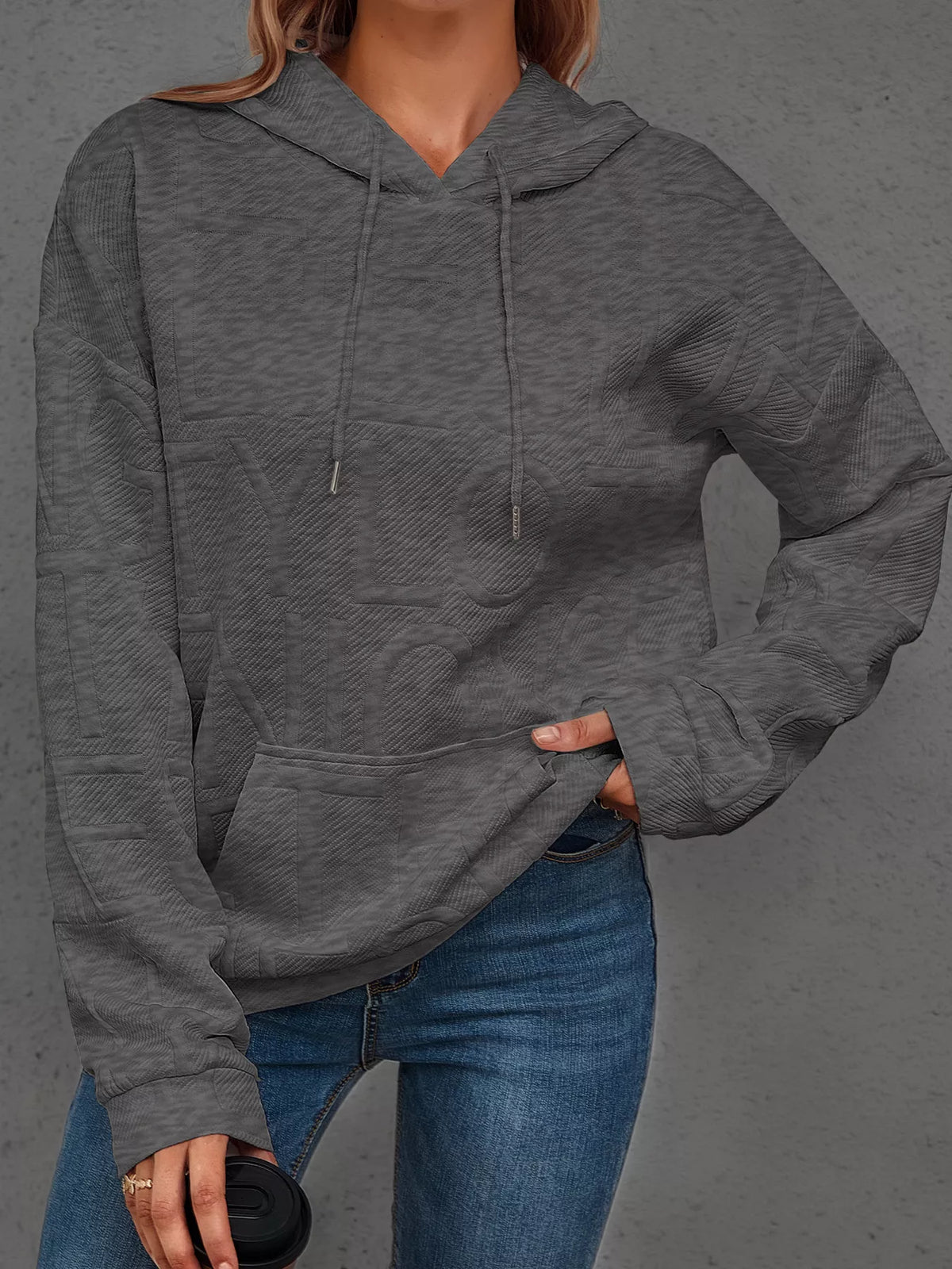 Full Size Textured Embossed Long Sleeve Hoodie Plus Size