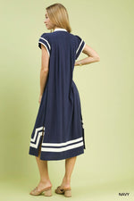 Umgee Linen Cotton Contrast Neckline Midi Dress