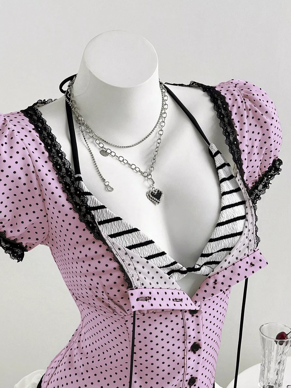 Polka Dot Lace Trim Puff Sleeve Top
