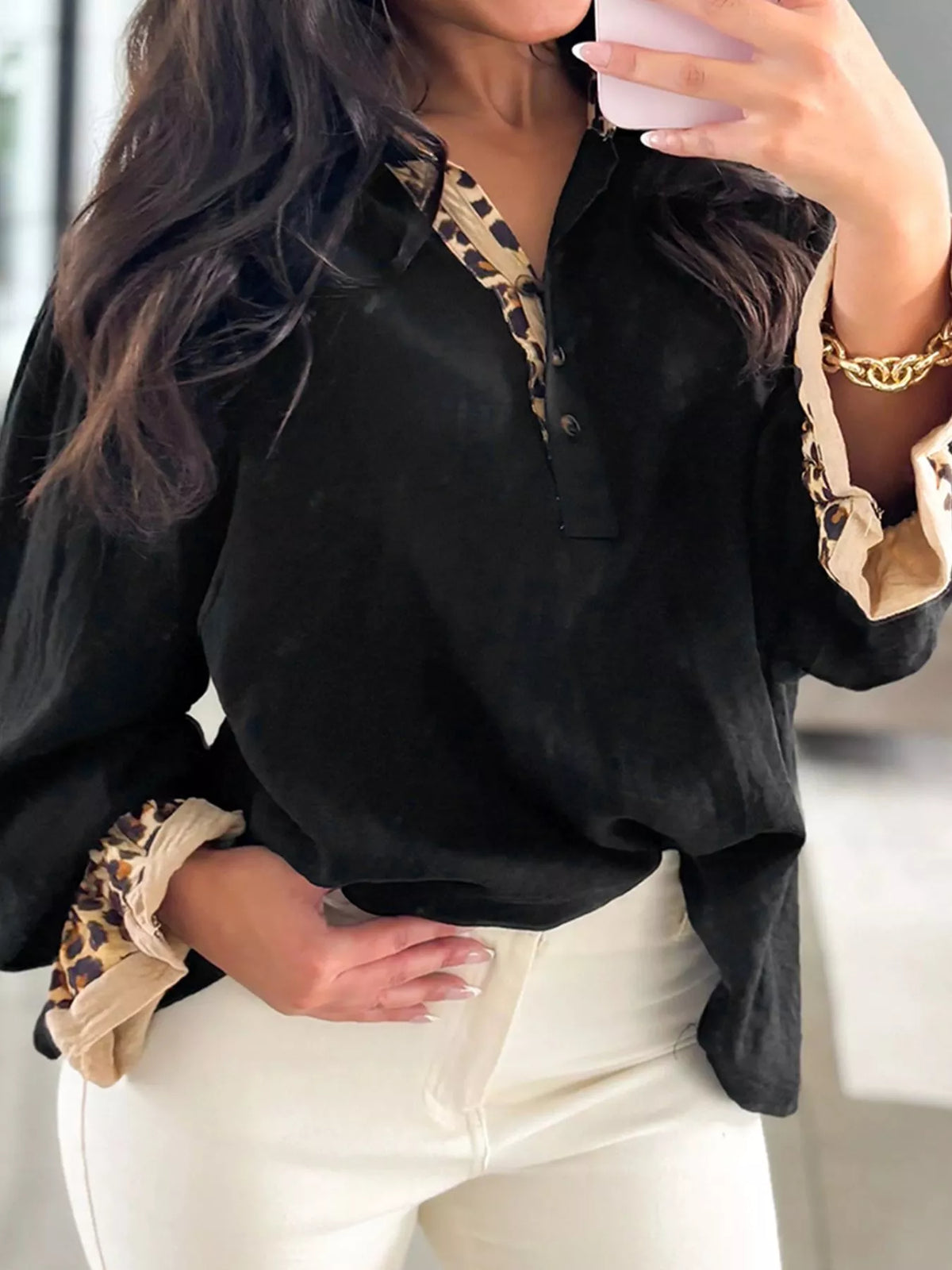 Contrast Leopard Print Patchwork Polo Collar Buttons Front Long Sleeve Blouse