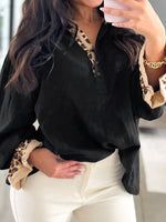 Contrast Leopard Print Patchwork Polo Collar Buttons Front Long Sleeve Blouse