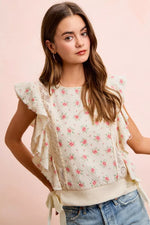 BiBi Flower Printed Ruffle Sleeve Trim Detail Top
