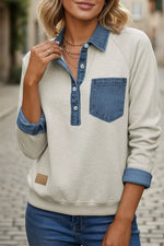 Denim Collar Patchwork Long Sleeve Pullover Top