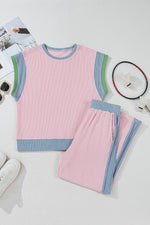 Contrast Round Neck Top and Pants Set - Ladyez