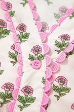 Floral Print V Neck Scallop Trim Button Front Short Sleeve Dress