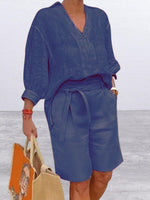 Full Size Johnny Collar 3/4 Sleeve Top and Shorts Set Plus Size