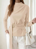 Mock Neck Blouse with Waist-Defining Metal Buckle Detail
