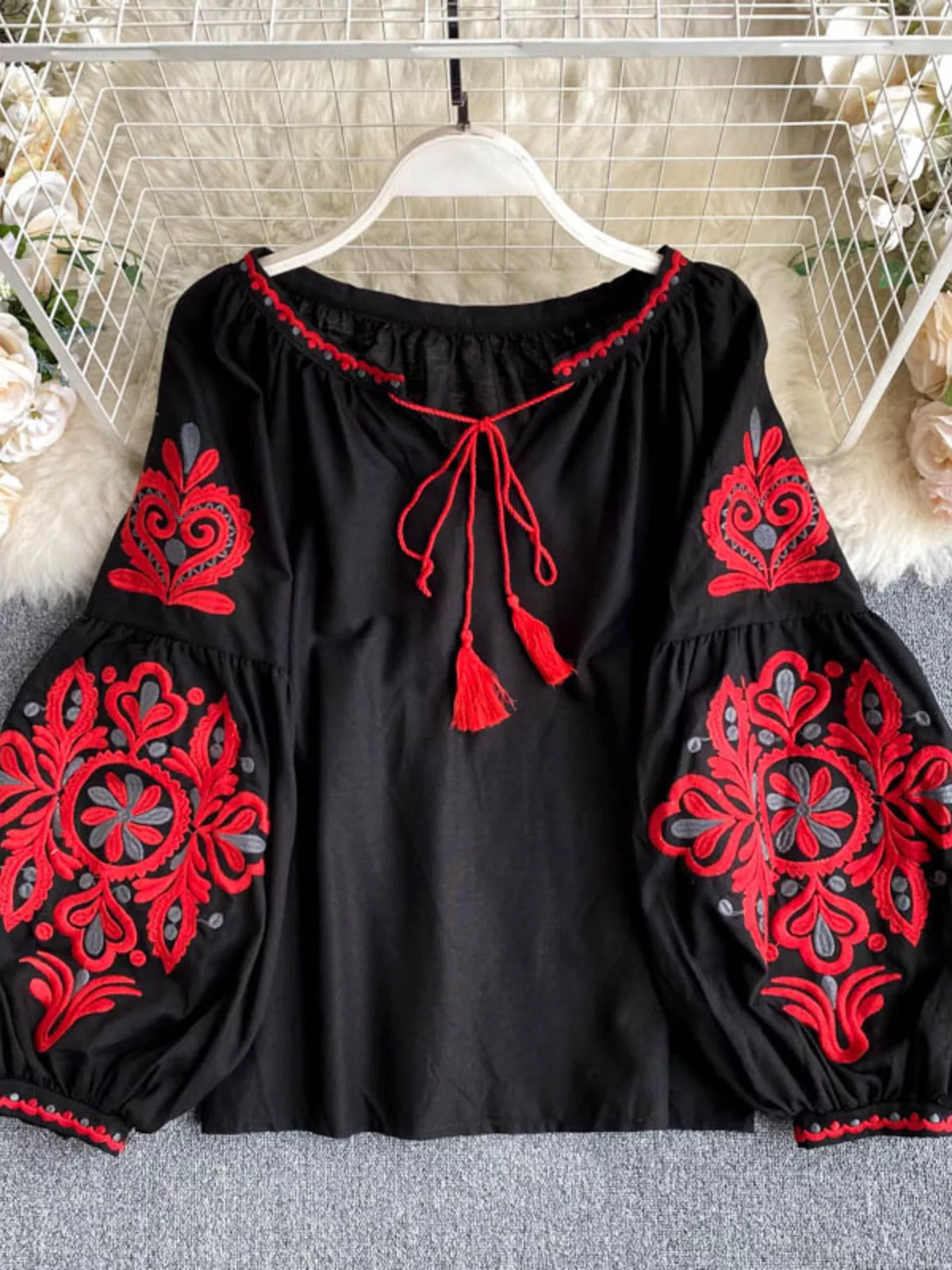 Embroidered Tassel Tie Neck Blouse