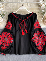 Embroidered Tassel Tie Neck Blouse