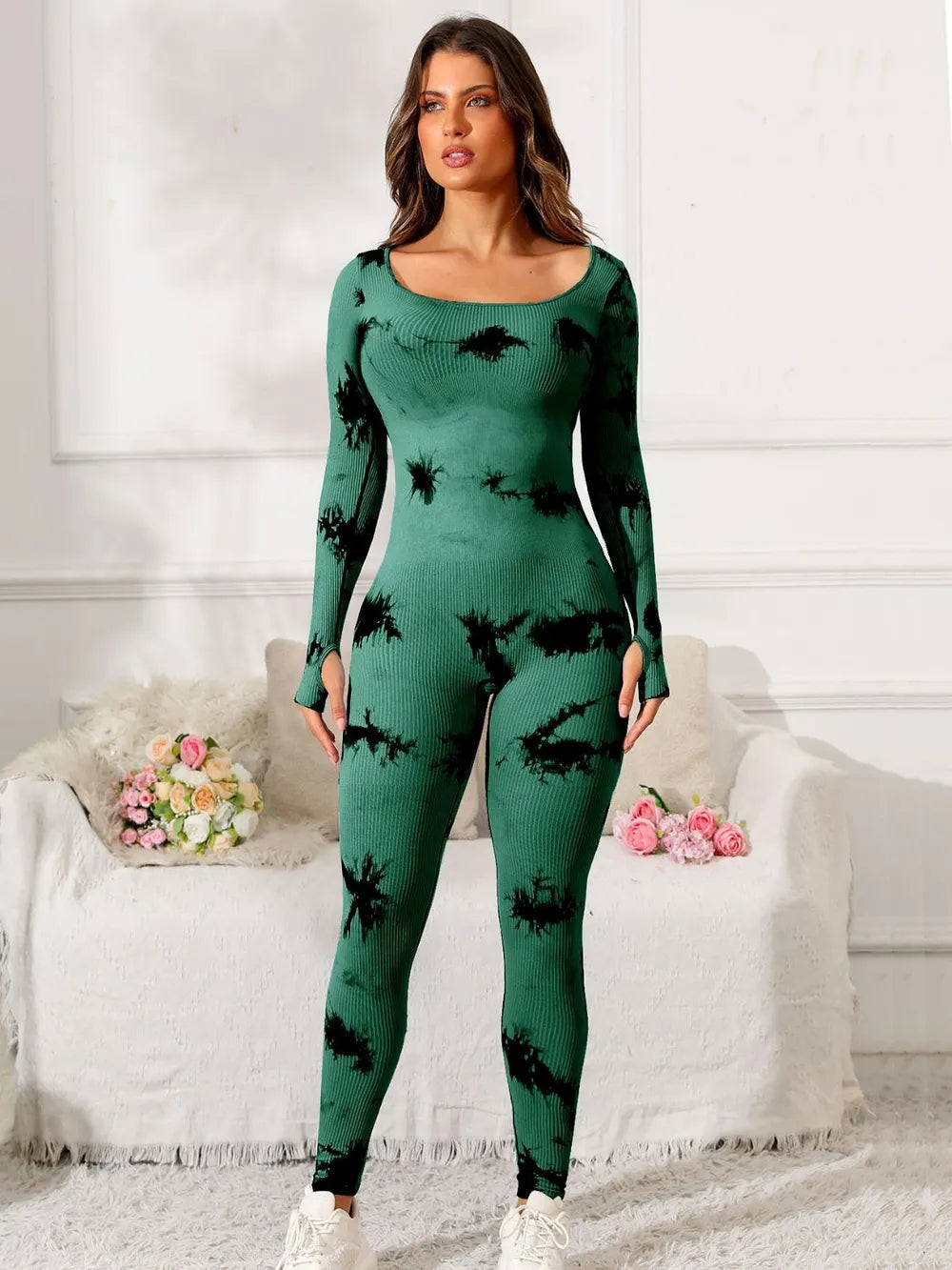 Scoop Neck Long Sleeve Active Jumpsuit - Ladyez