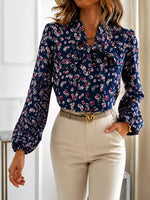 Printed Bow-Tie Neck Long Sleeve Blouse