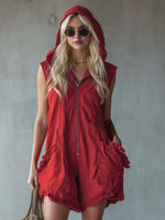 Full Size Hooded Sleeveless Zipper Romper with Ruffled Pockets Plus Size