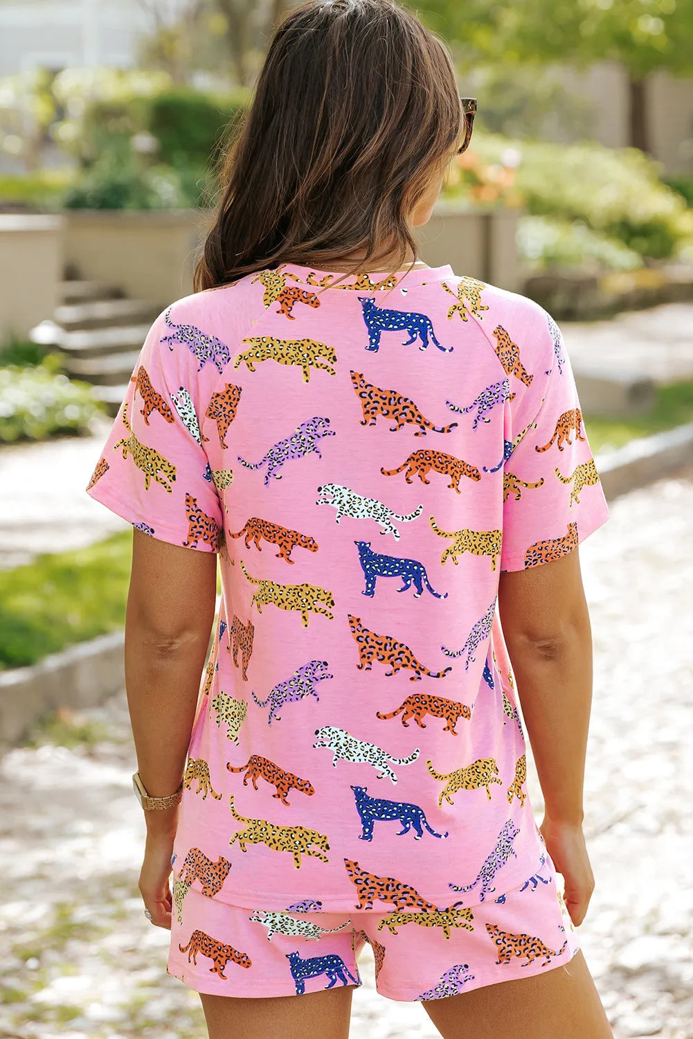 Animal Round Neck Top and Shorts Lounge Set - Ladyez