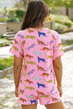 Animal Round Neck Top and Shorts Lounge Set - Ladyez