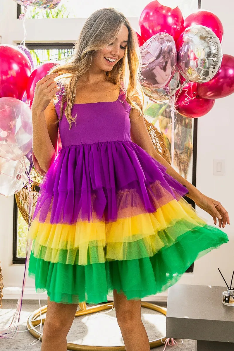 BiBi Mardi Gras Color Block Layered Mesh Tiered Dress - Ladyez