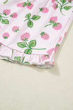 Striped Strawberry Print Lapel Shirt Drawstring Shorts 2pcs Pajama Set