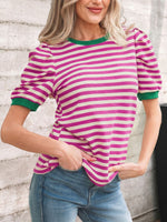 Stripe Short Puff Sleeve Contrast Trim Round Neck Tee