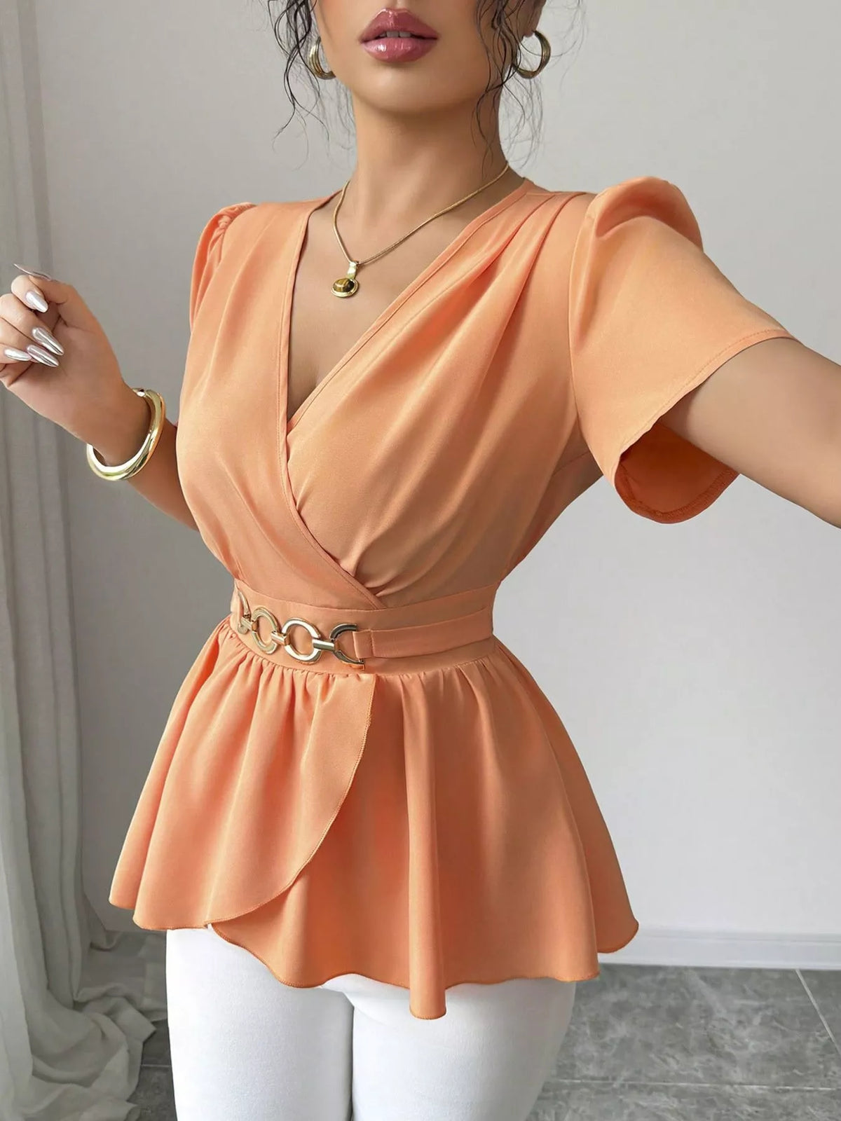 Surplice Short Sleeve Blouse