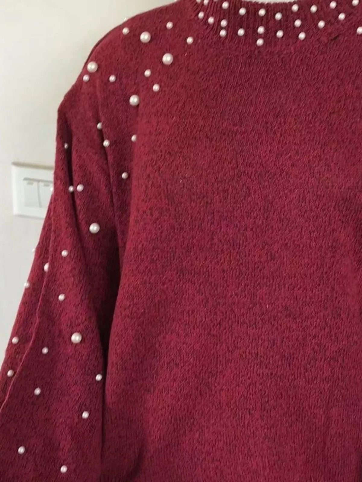 Pearl-Embellished Mock Neck Sweater