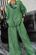 Full Size Plaid Round Neck Half Sleeve Top and Pants Set