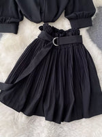 Puff Sleeve Shirt and Pleated Skirt Set