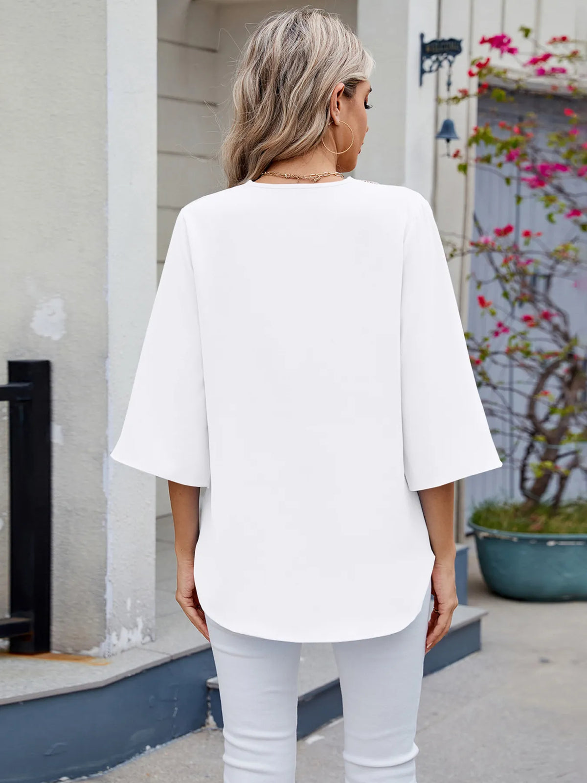 V-Neck Lace Trim Blouse - Ladyez
