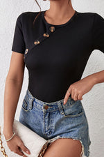 Perfee Decorative Button Round Neck Short Sleeve Bodysuit - Ladyez