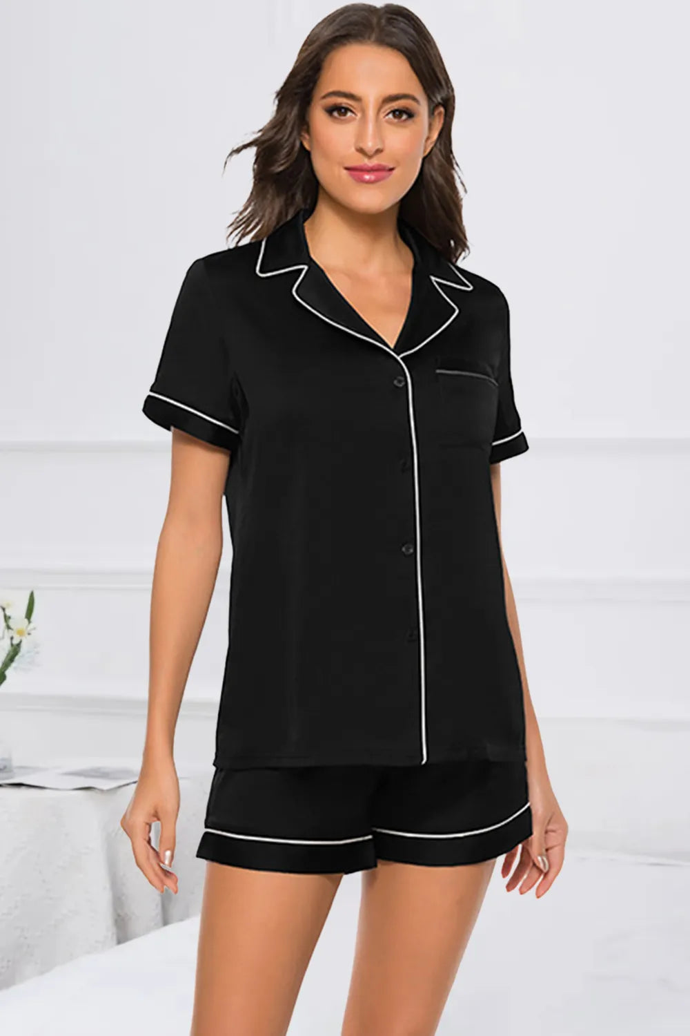 Printed Button Up Short Sleeve Top and Shorts Lounge Set - Ladyez
