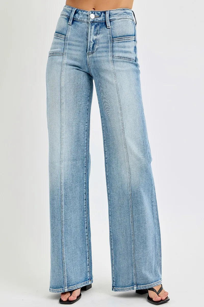 RISEN Full Size Mid Rise Wide Jeans with Front Patch Pocket Plus Size - Ladyez