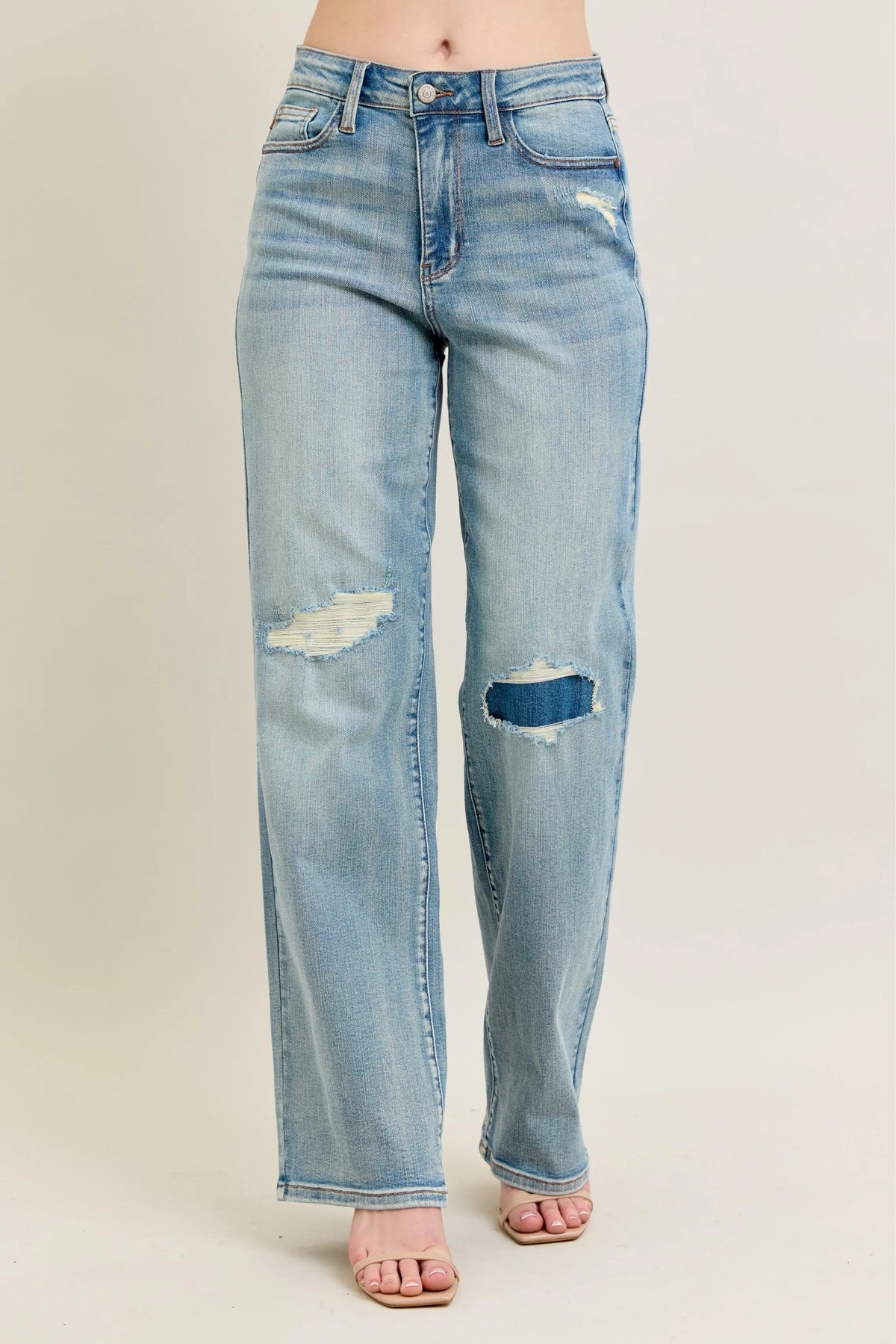 Judy Blue Full Size Hw Destroy & Knee Patch Straight Jeans Plus Size - Ladyez
