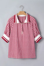 Gingham Puff Sleeve Quarter Zip Blouse
