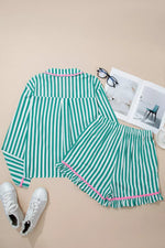 Stripe Contrast Ricrac Trim Long Sleeve Shirt Drawstring Ruffled Pajama Short Set