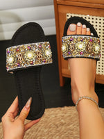 Rhinestone Embellished Flat Slide Slippers - Ladyez