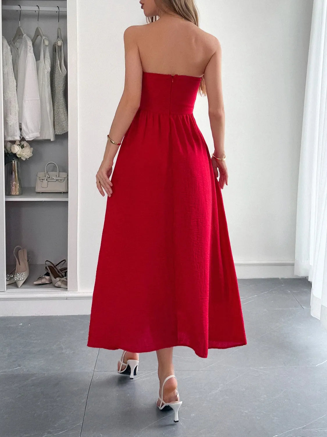 Strapless A-Line Midi Dress with Pockets - Ladyez