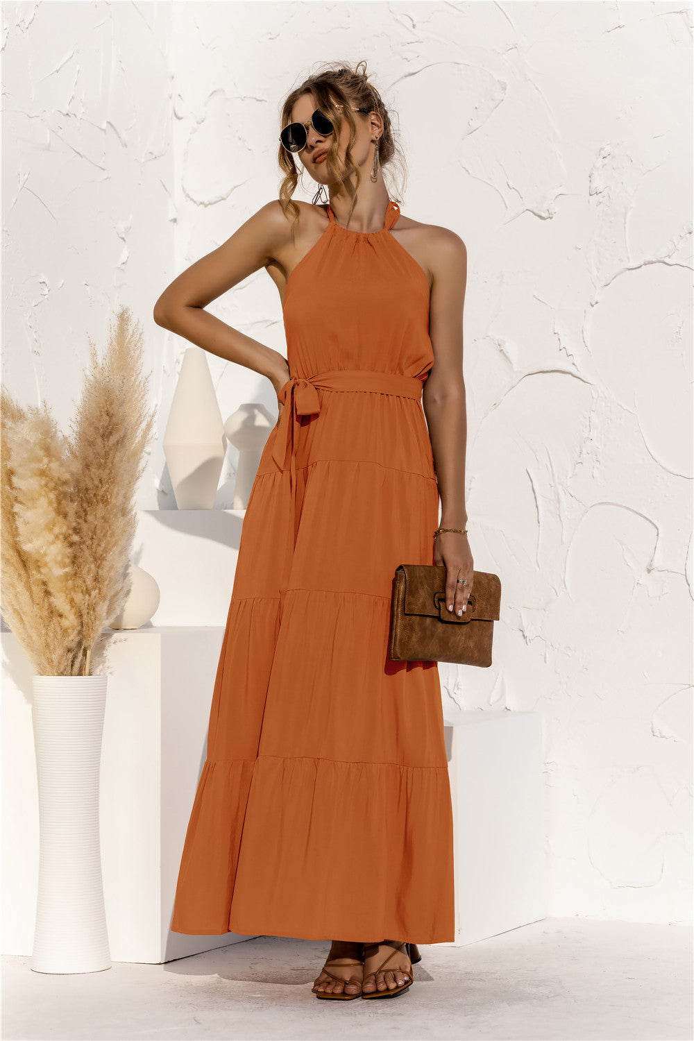 Halter Neck Tie Waist Tiered Maxi Dress - Ladyez