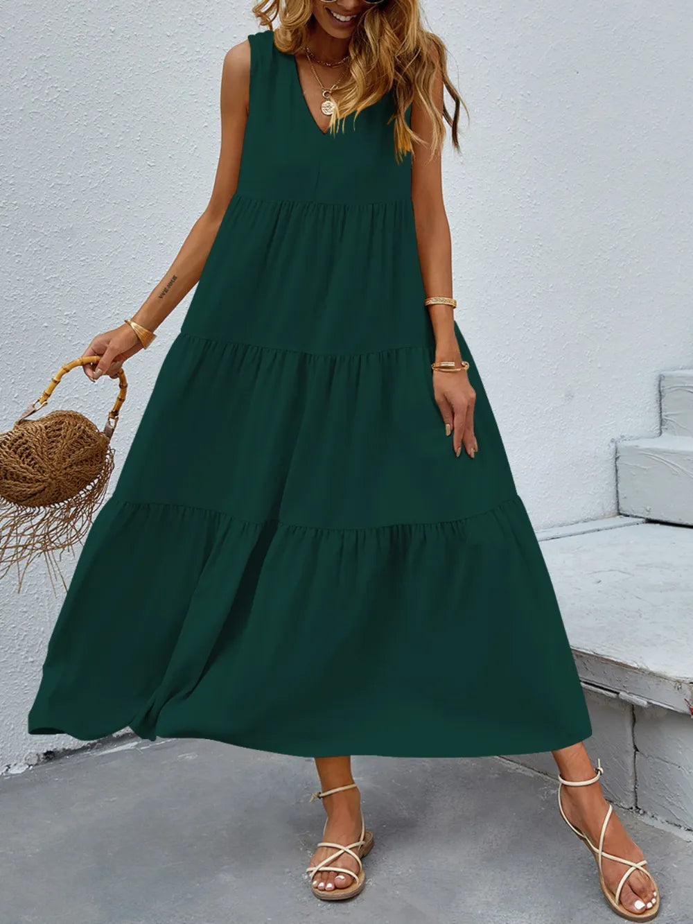 FAM-FAM Tiered V-Neck Sleeveless Dress - Ladyez
