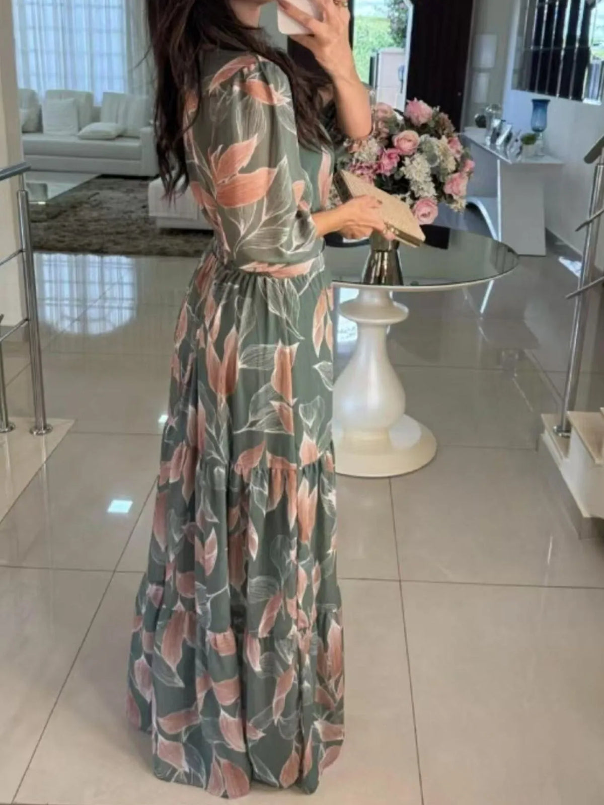 Full Size Printed V-Neck Maxi Dress with Tiered Hemline Plus Size - Ladyez