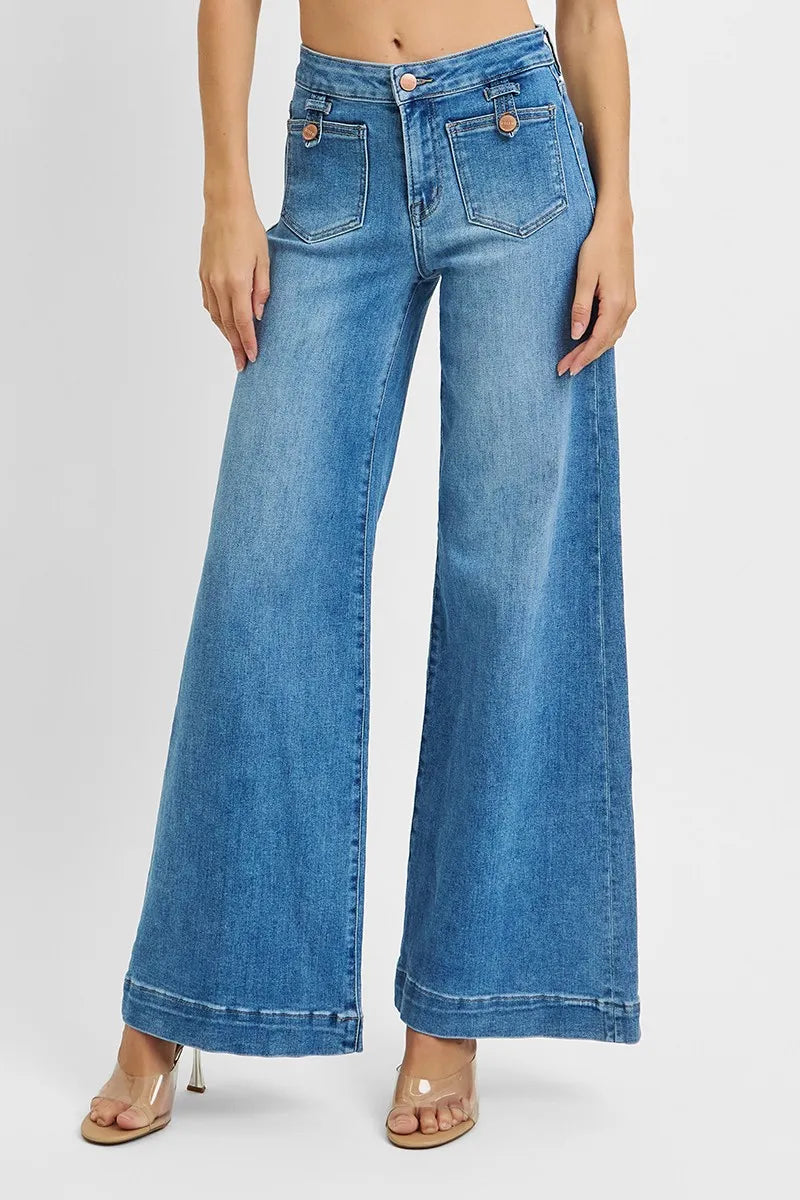 RISEN Full Size Mid Rise Wide Front Patch Pocket Jeans Plus Size - Ladyez