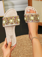 Rhinestone Embellished Flat Slide Slippers - Ladyez