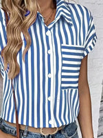 Striped Button-Up Short Sleeve Shirt with Pocket - Ladyez