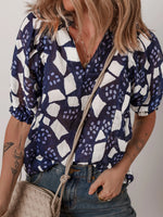 Abstract Print Frilled Puff Sleeve V Neck Blouse - Ladyez